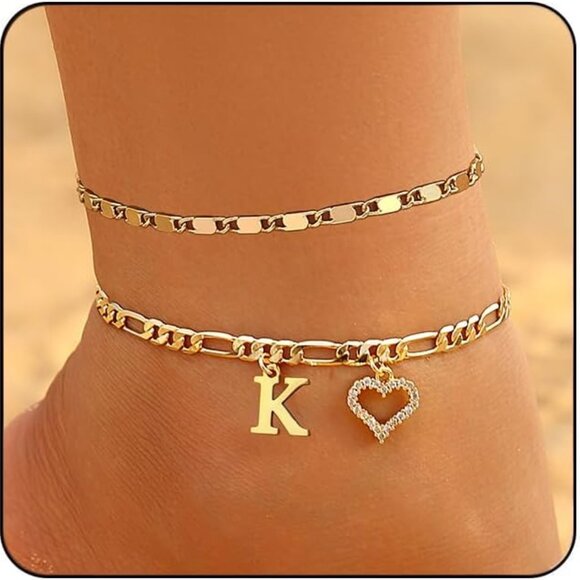 Jewelry - Initial Ankle Bracelets for Women Waterproof 14K Gold Plated Dainty Layered Figa